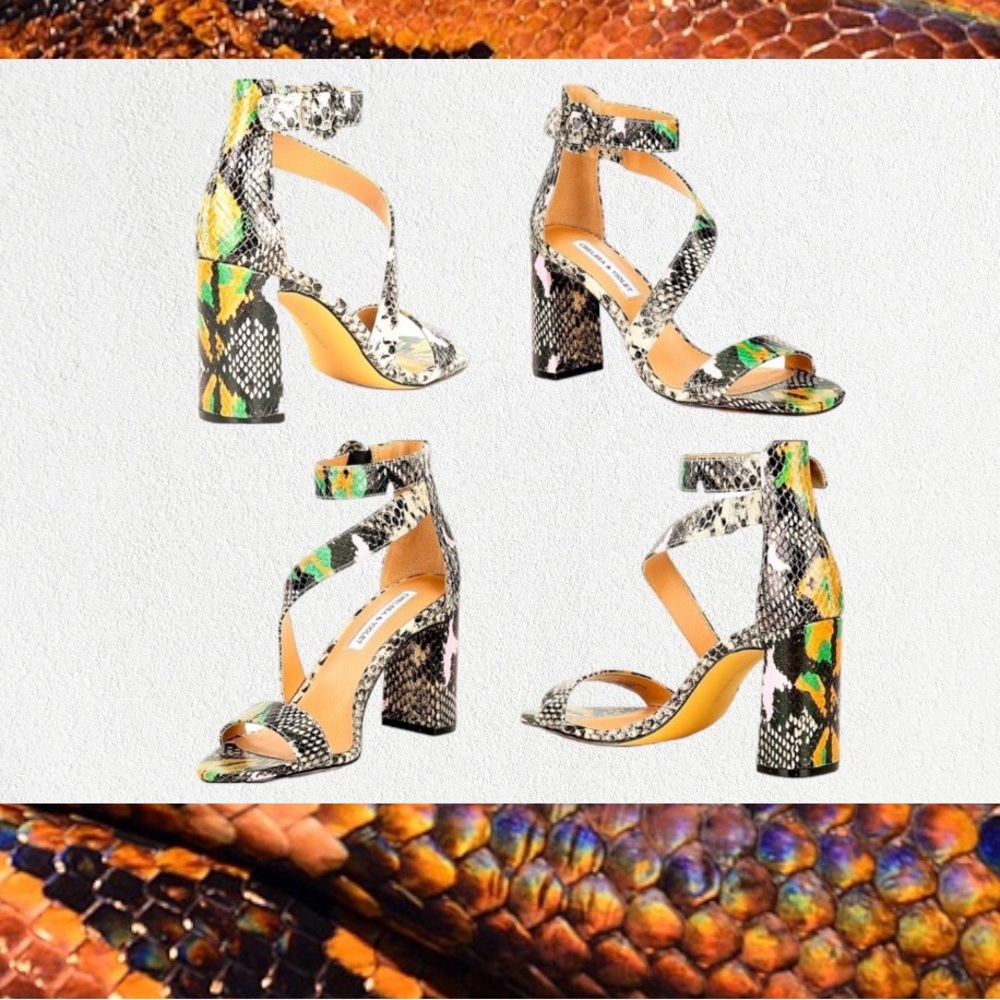 Strappy Chelsea & Violet Leather Snake-print Block Heels